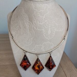 Vintage Sterling Silver & Natural Amber Statement Necklace – 51g